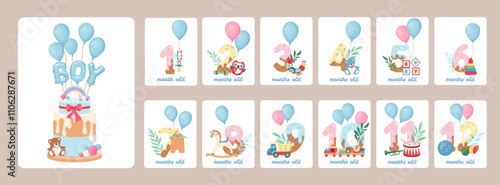 Cute baby boy milestone cards featuring numbers, balloons and baby toys celebrating first 12 months. Tender designs for newborns to capture every special moment Perfect for vector celebration banners.
