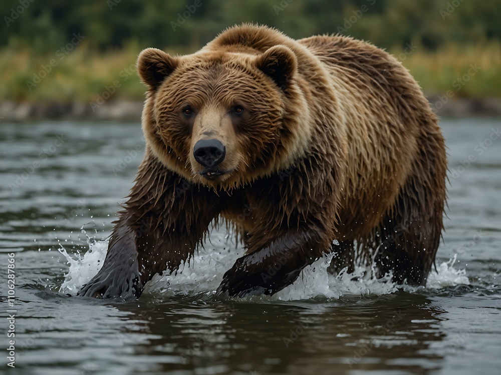 Large brown bear running through water for fish. Large brown bear running through water for fish.