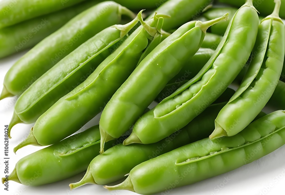 Young green pea pods on white backgrounds closeup. Healthy food. Young green pea pods on white backgrounds closeup. Healthy food.