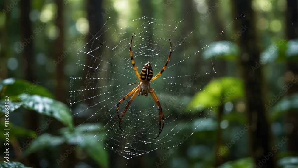 Large colorful spider spinning a web in a rainforest. Large colorful spider spinning a web in a rainforest.
