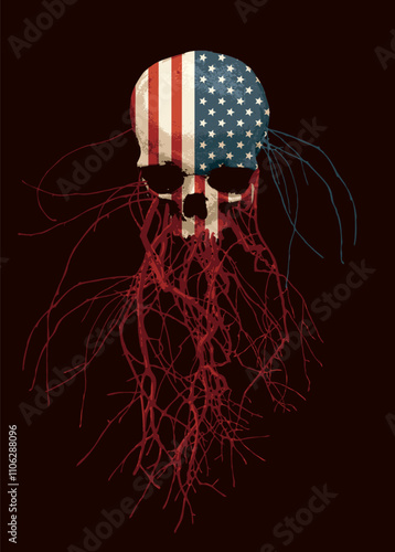 vector collage of human skull with united states of america flag and tree roots. Creative illustration in grunge style, t-shirt print, graffiti	