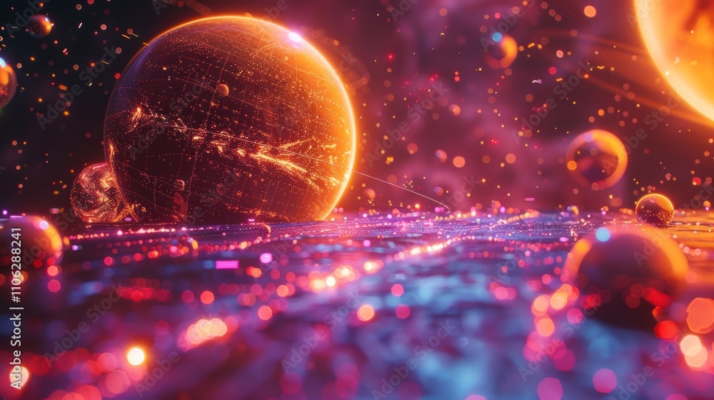 Vibrant, glowing planets and cosmic dust in a nebula. Vibrant, glowing planets and cosmic dust in a nebula.