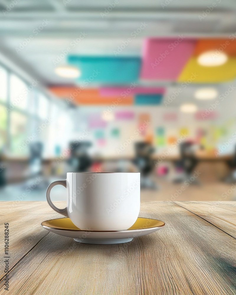 A white ceramic coffee cup on a saucer, set on a wooden table in a bright office space. A white ceramic coffee cup on a saucer, set on a wooden table in a bright office space.