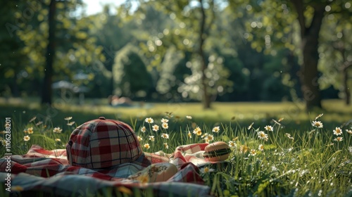 Plaid cap on picnic blanket in sunny park.