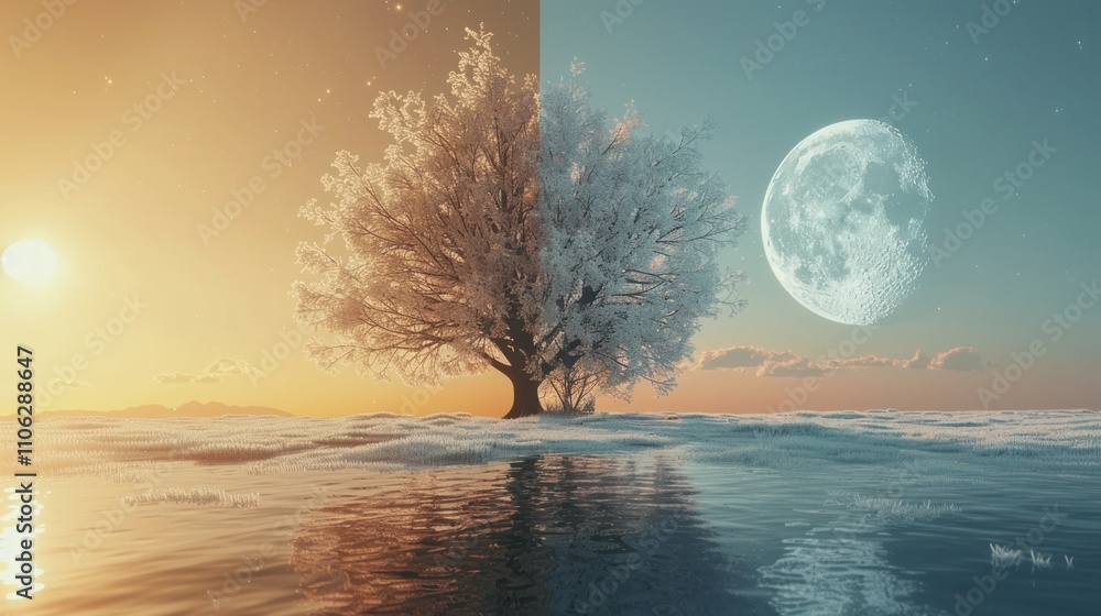 Fototapeta premium Snowy tree in sunrise and moonlight split image.