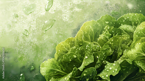 A scene of verdant lettuce with water droplets and a few leaves in the foreground, followed by a backdrop of a green textured wall, adorned with noticeable. Verdant. Illustration photo