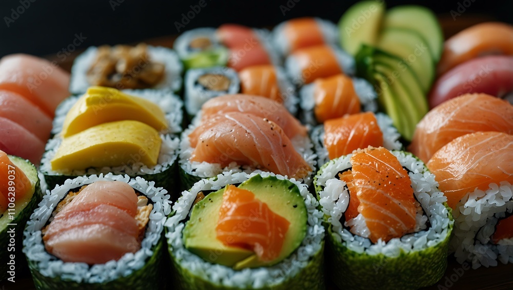 Large platter of assorted sushi rolls, including salmon, tuna, and avocado. Large platter of assorted sushi rolls, including salmon, tuna, and avocado.