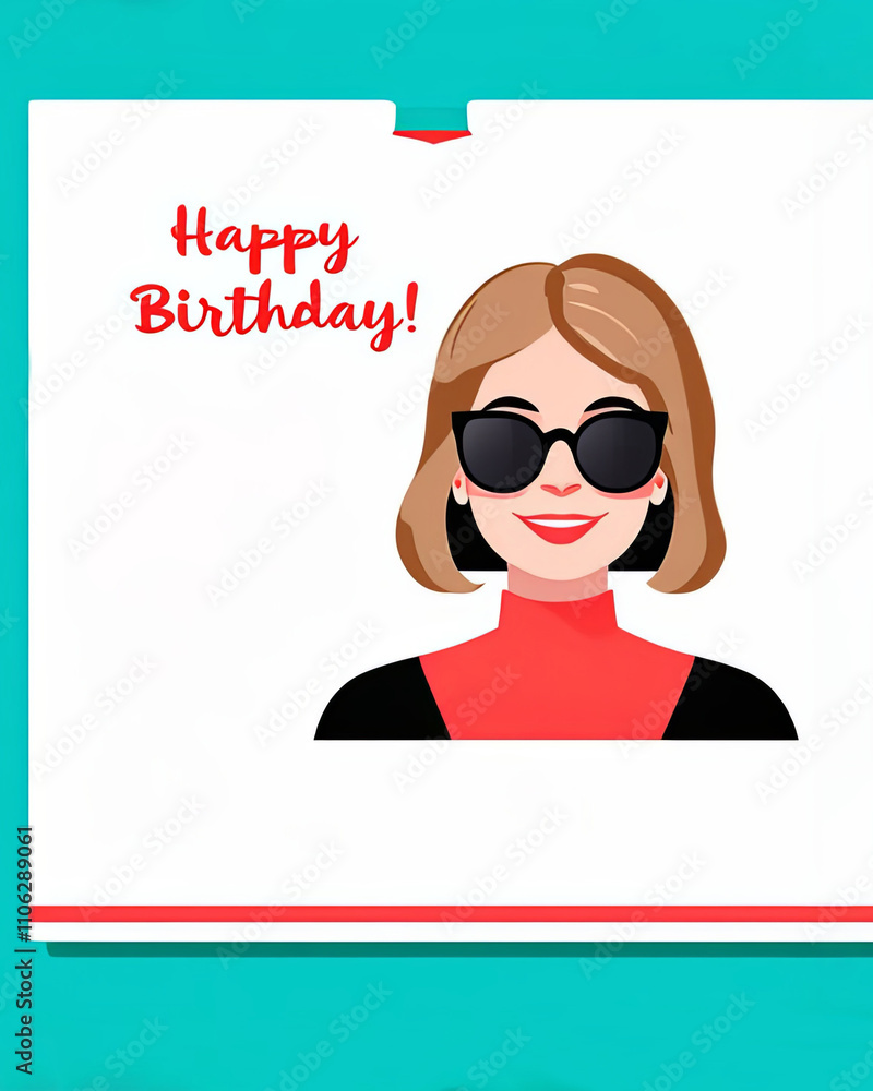 Happy Birthday! Vector cute illustration of woman in sunglasses for women's or girls' day card Happy Birthday! Vector cute illustration of woman in sunglasses for women's or girls' day card