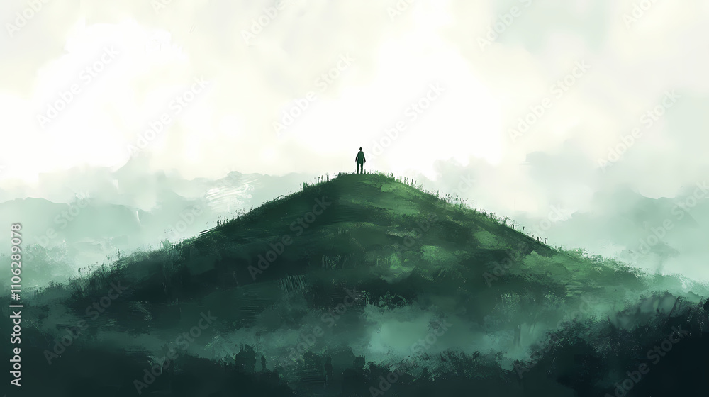 Fototapeta premium A solitary figure stands atop a verdant hill amidst a hazy, misty sky. Verdant. Illustration