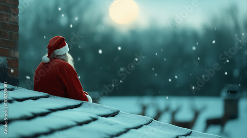 A reflective Santa Claus sitting on a snowy rooftop under a moonlit sky, capturing the serene magic of Christmas Eve. photo