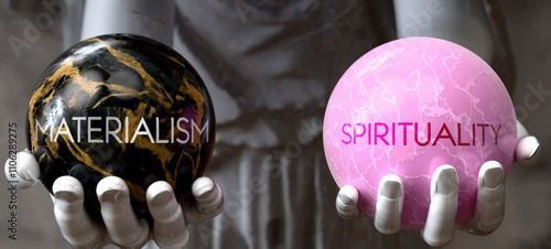 Materialism or Spirituality - decide between two options. Greek statue presenting a choice: materialism or spirituality, weighing their values. Looking at pros and cons.  ,3d illustration