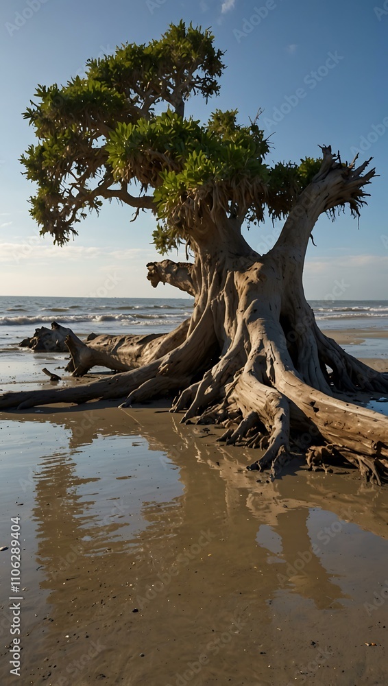 Fototapeta premium Large tree washed ashore on Jekyll Island, Georgia.