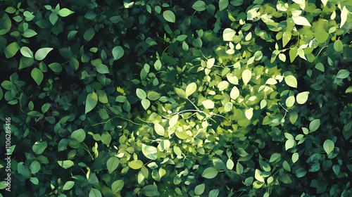A tangled undergrowth of thickly grown vegetation conceals the sun's rays, shrouding the area in a lush, verdant shade that filters the warm light. Verdant. Illustration