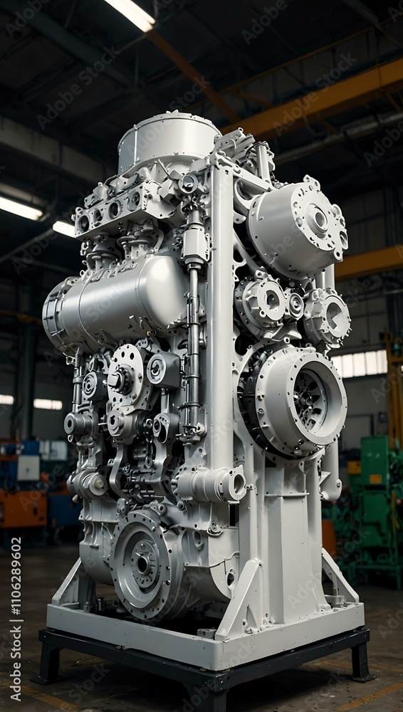 Large white engine in a factory, part of the production process. Large white engine in a factory, part of the production process.