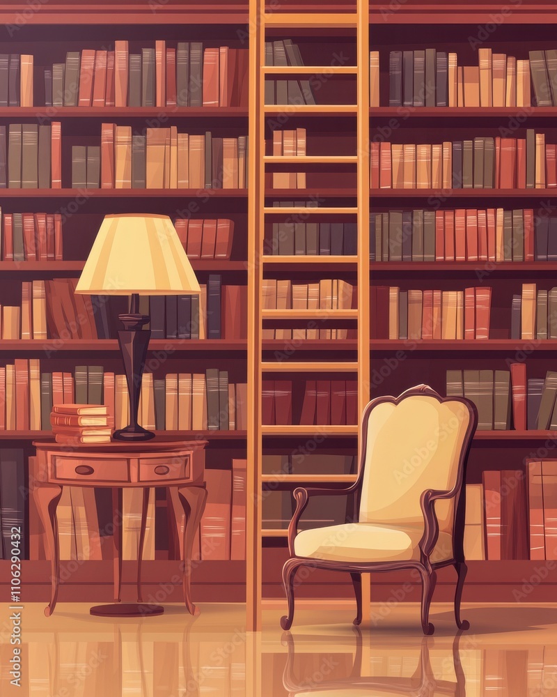 Cozy reading nook in a library featuring a classic armchair and bookshelf with a ladder. Cozy reading nook in a library featuring a classic armchair and bookshelf with a ladder.