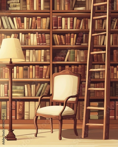 Cozy reading nook featuring a classic wooden chair beside a lamp and an extensive bookshelf, inviting relaxation.