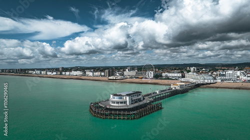 Cuadro en lienzo Aerial view of Worthing Pier and beach on a sunny cold day, West Sussex, UK