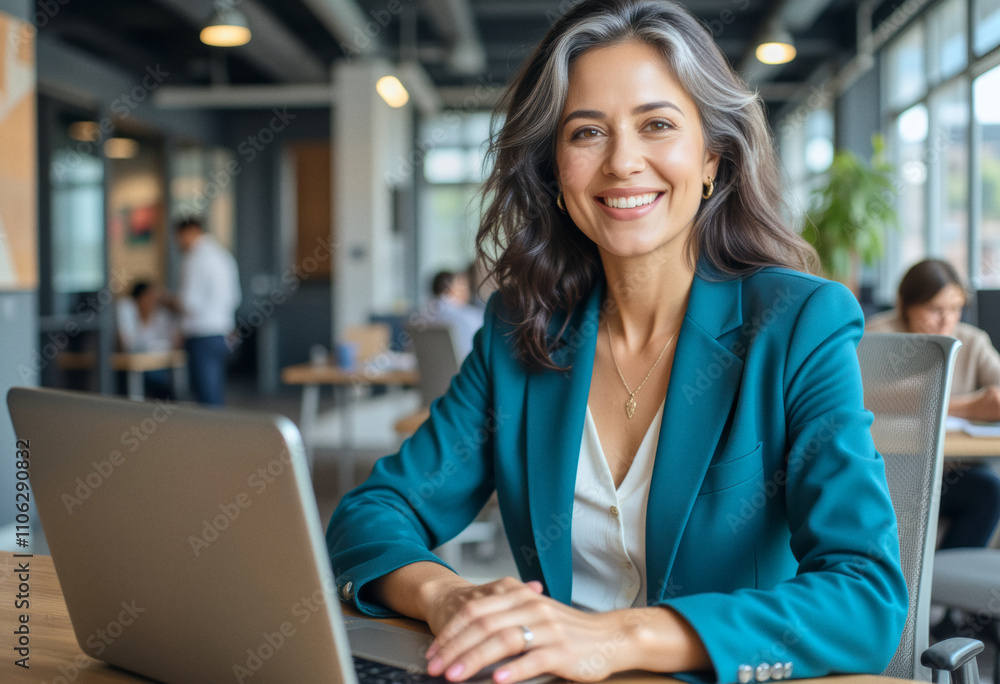 A business photo in a modern office space: A woman sitting at a table with a laptop computer. A business photo in a modern office space: A woman sitting at a table with a laptop computer.
