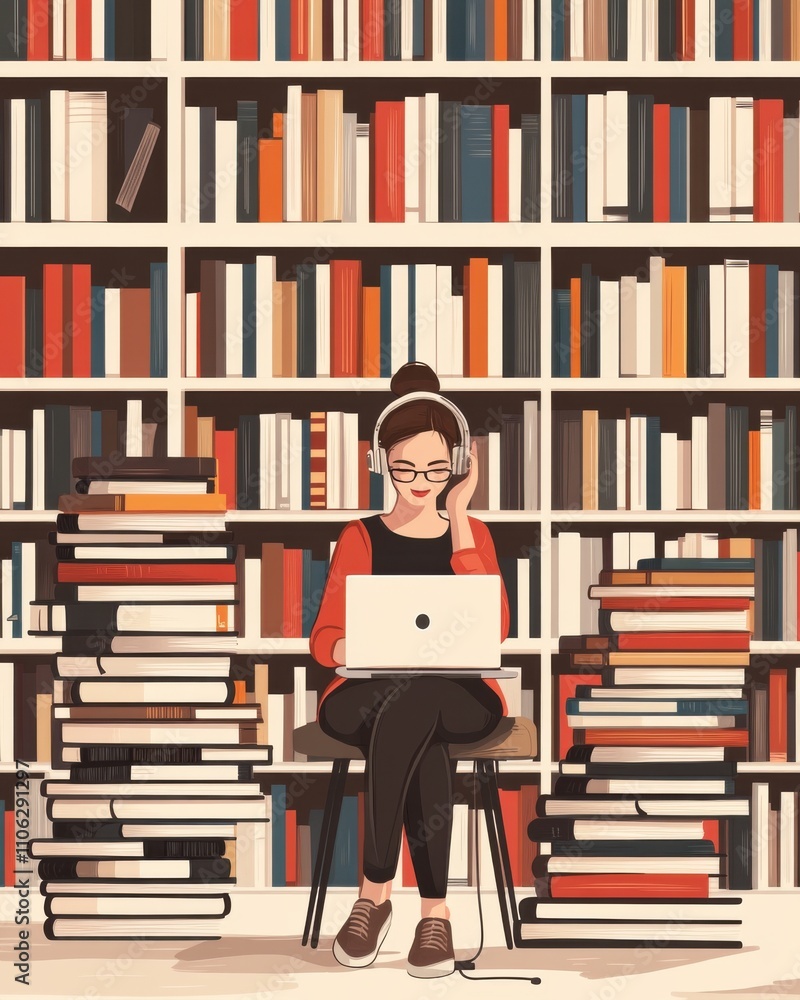 A young Asian woman with glasses wears headphones while studying on a laptop amidst towering stacks of books in a cozy library. A young Asian woman with glasses wears headphones while studying on a laptop amidst towering stacks of books in a cozy library.