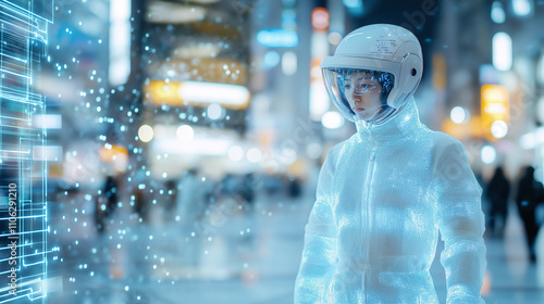 A futuristic cityscape with a cyber-inspired individual wearing an illuminated suit and helmet, surrounded by holographic interfaces and neon lights. photo