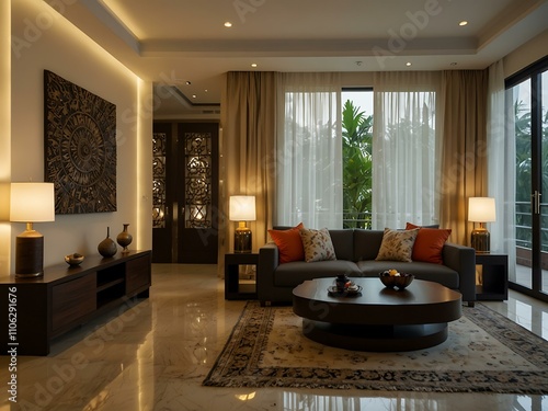 Lavish apartment with modern and Indian design influences.