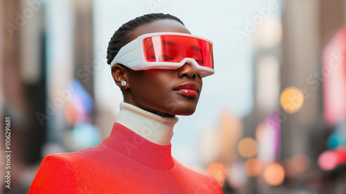 A futuristic fashion editorial featuring a model in vibrant red tones, accessorized with sleek augmented reality glasses, set against an urban cityscape backdrop. photo