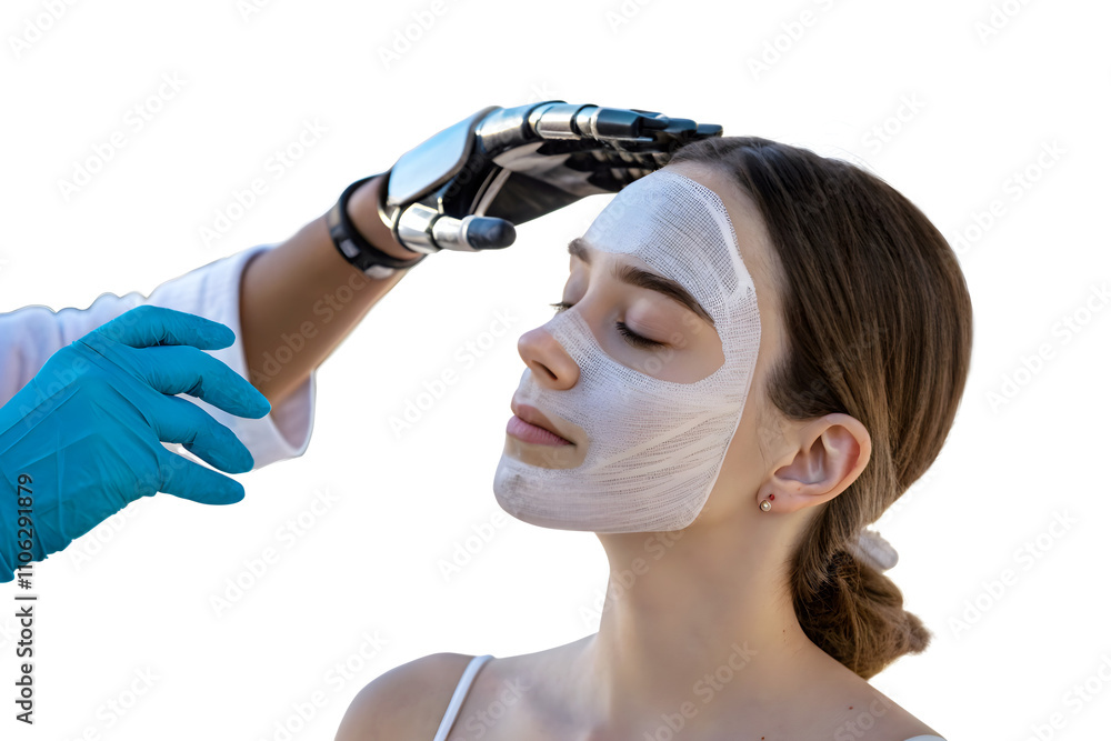 Woman with prosthetic artificial hand doing facial treatment on young female with face mask, transparent background