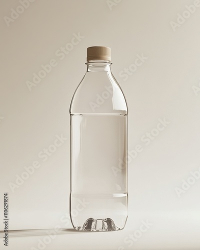 Transparent plastic water bottle with a beige cap, reflecting soft light against a neutral background.