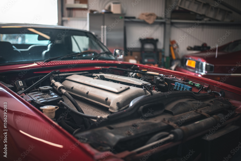Inline six engine of a classic, luxury car exposed as bonnet is removed.