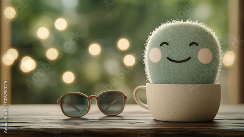 A cheerful cactus with a big smile in a cute pot, paired with stylish sunglasses, exuding a whimsical and fun vibe in a cozy, softly lit setting. photo