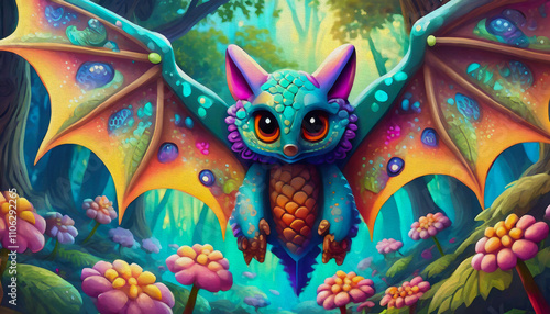 oil painting style cartoon character illustration multicolored bat in deep forest