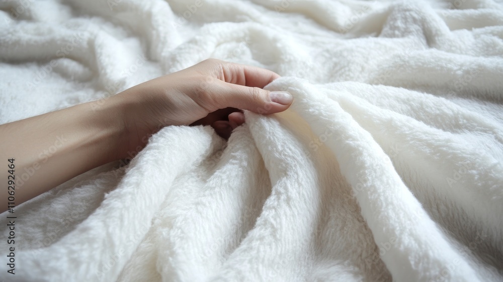 A hand gently explores the plush surface of a luxurious fleece blanket, its soft fibers creating a comforting atmosphere for relaxation and warmth. A hand gently explores the plush surface of a luxurious fleece blanket, its soft fibers creating a comforting atmosphere for relaxation and warmth.