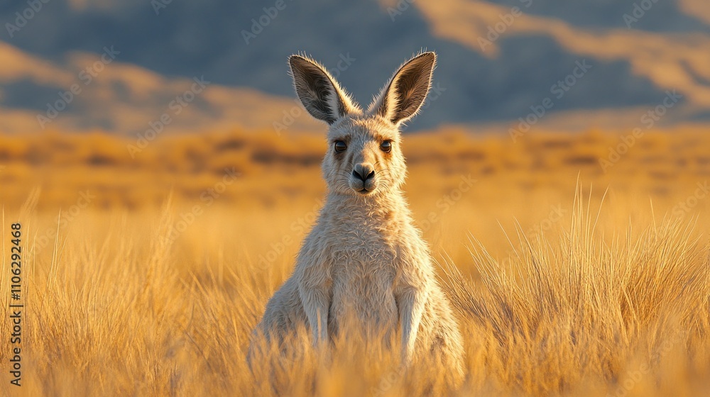 Red Kangaroo sitting in golden grass field at sunset. Red Kangaroo sitting in golden grass field at sunset.
