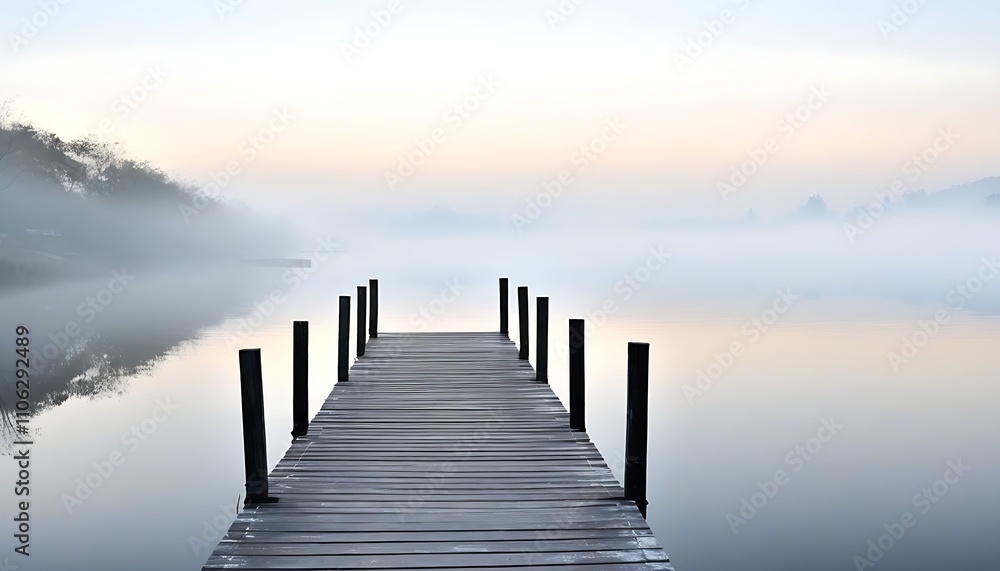 Fototapeta premium Tranquil lakeside wooden boardwalk in misty morning light.