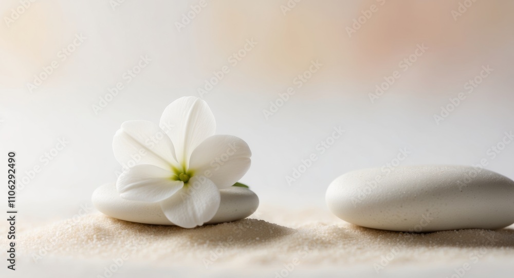 White Flower Resting on Smooth White Stones in Sand. White Flower Resting on Smooth White Stones in Sand.