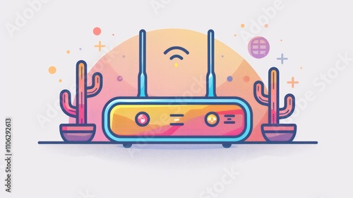 Colorful illustration of a wireless router with cacti.