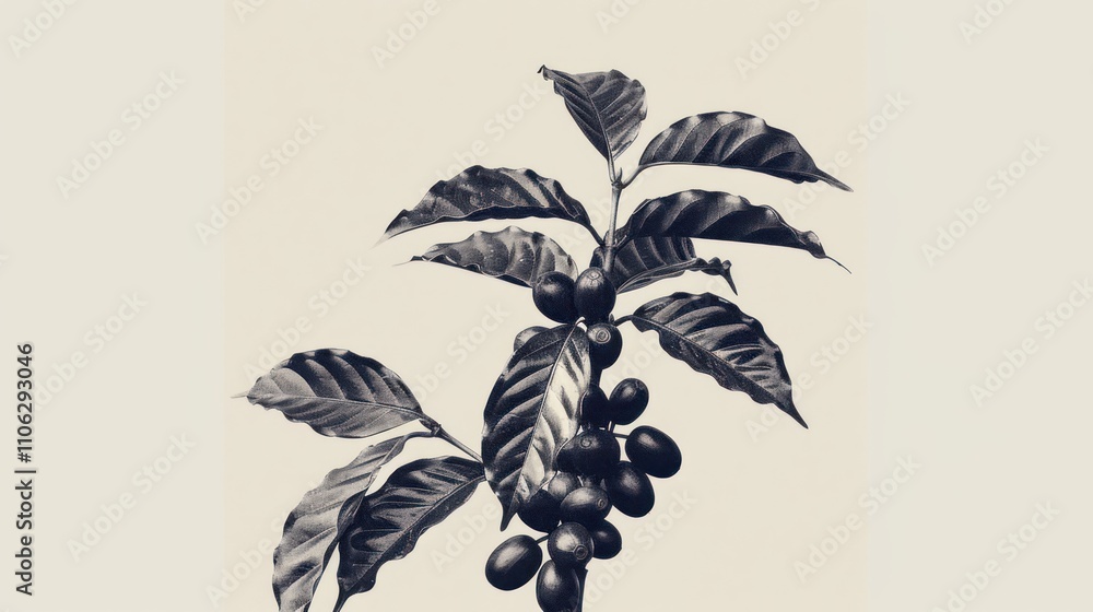 Obraz premium Monochrome close-up of coffee plant branch with ripe berries and leaves.