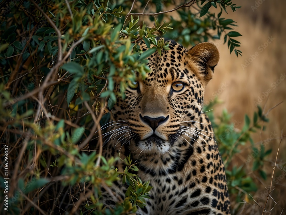 Naklejka premium Leopard hiding in a bush in Masai Mara, Kenya.
