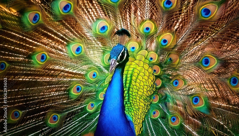 Obraz premium Close-up of the fascinating head of a proud and magnificent peacock showing off its feathers
