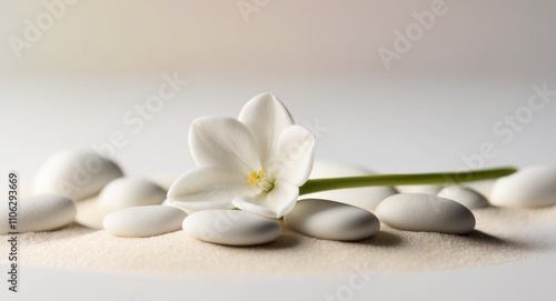 White Flower Resting on Smooth White Stones in Sand.