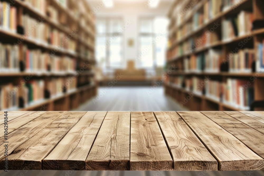 Wood table on modern library background for product display. Wood table on modern library background for product display.