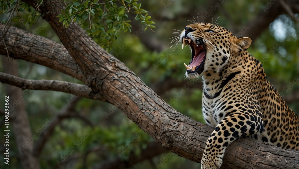 Leopard yawning on a tree branch. Leopard yawning on a tree branch.