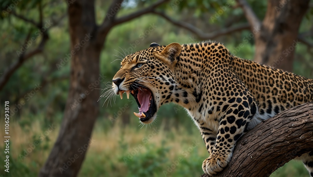 Leopard yawning on a tree branch. Leopard yawning on a tree branch.
