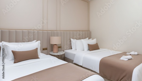 Elegant and comfortable twin bed bedroom in Dubai hotel with modern minimal design and warm hues.