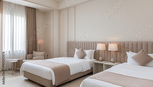 Elegant and comfortable twin bed bedroom in Dubai hotel with modern minimal design and warm hues.