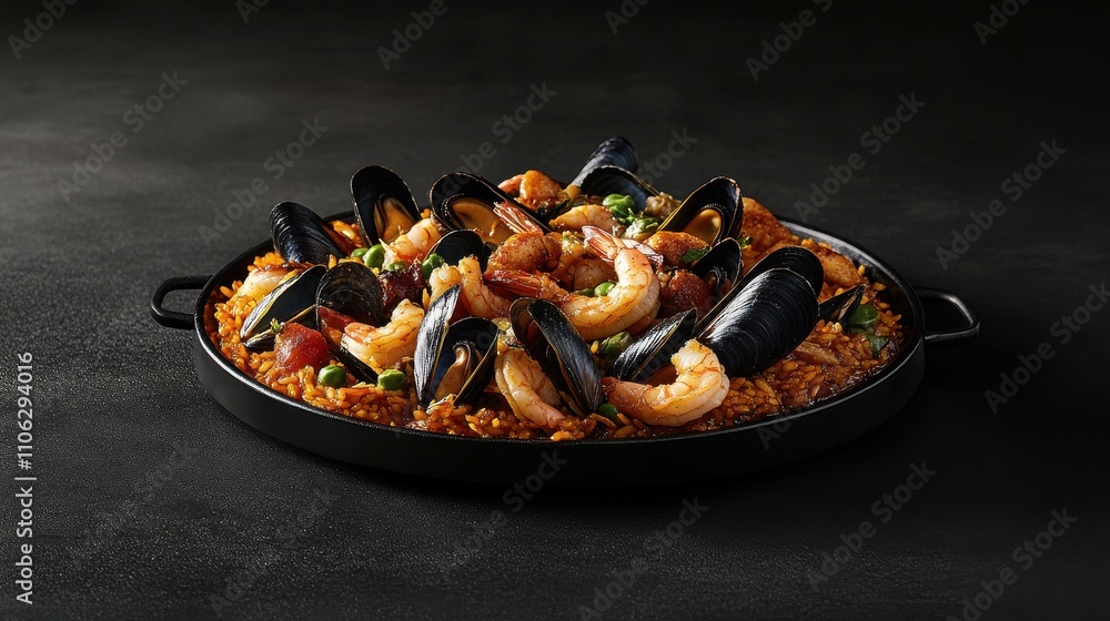 Vibrant seafood paella features succulent shrimp and mussels, artfully arranged atop flavorful rice infused with spices. Perfect for gatherings and celebrations. Vibrant seafood paella features succulent shrimp and mussels, artfully arranged atop flavorful rice infused with spices. Perfect for gatherings and celebrations.