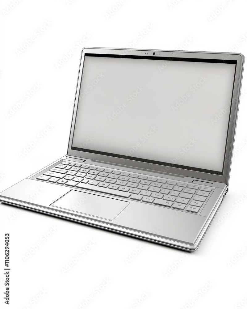 Sleek silver laptop on a white background, showcasing a minimalist design and modern technology. Sleek silver laptop on a white background, showcasing a minimalist design and modern technology.