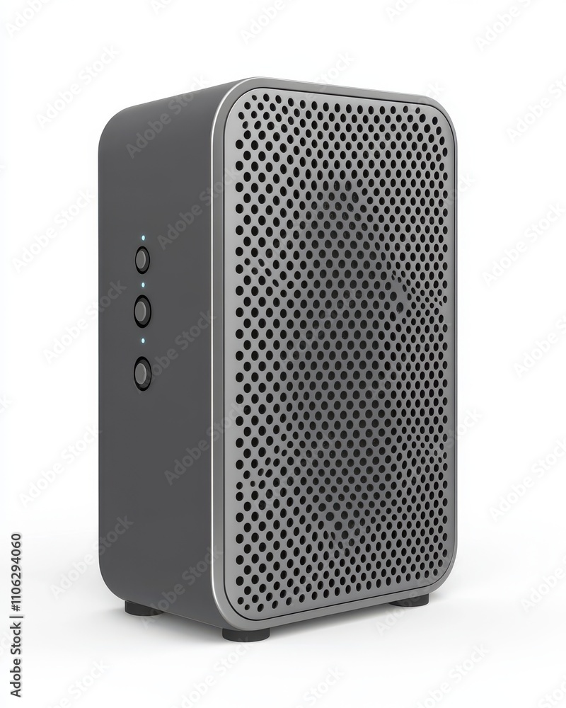 A sleek, modern gray speaker with a perforated design, showcasing minimalist aesthetics and advanced technology. A sleek, modern gray speaker with a perforated design, showcasing minimalist aesthetics and advanced technology.