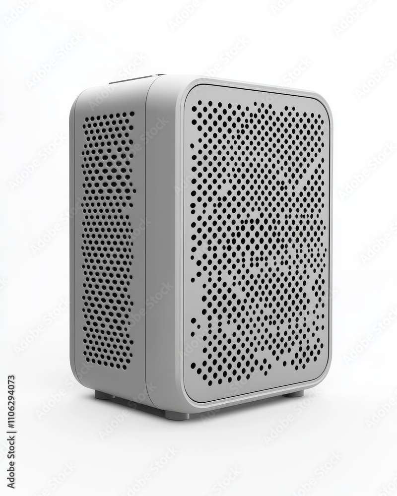 A sleek, modern gray air purifier with a unique perforated design enhancing its aesthetic appeal. A sleek, modern gray air purifier with a unique perforated design enhancing its aesthetic appeal.