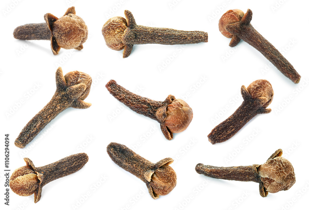 Fragrant clove buds isolated on white, set Fragrant clove buds isolated on white, set